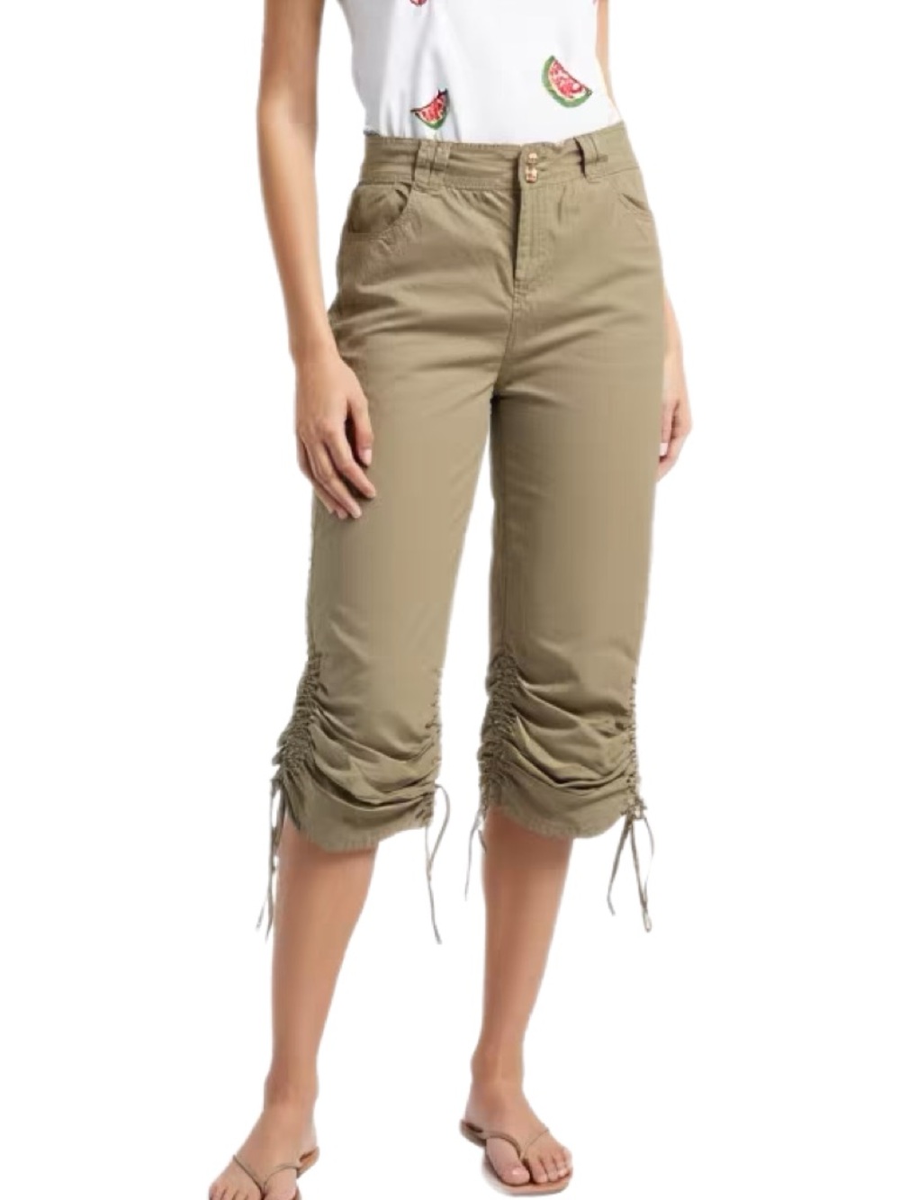 Zainas khaki Low Rise capri pants with ruched side detail and tie  Size XL
